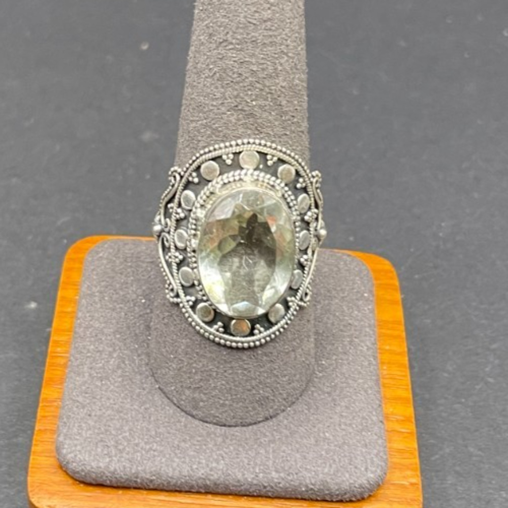 925 Sterling Silver India Pale Green Amethyst Ornate Filigree Ring Sz 9.75